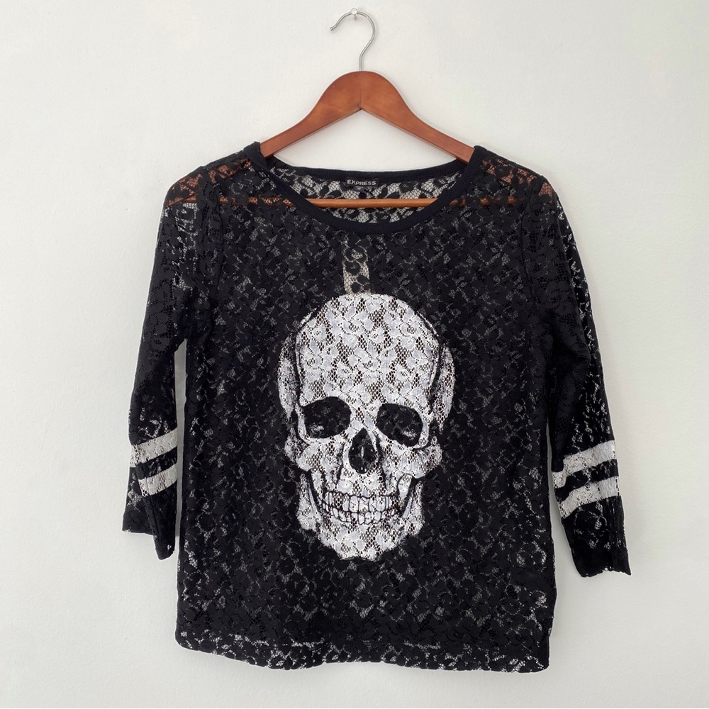 Express black lace 3/4 sleeve white skull punk grunge whimsigoth top women’s xs